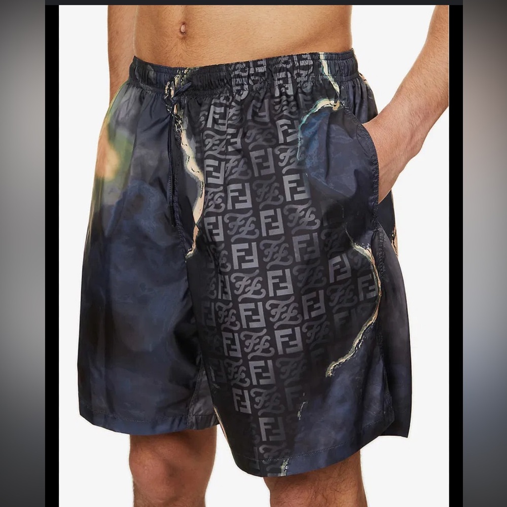FENDI Earth Logo-Print Swim Shorts